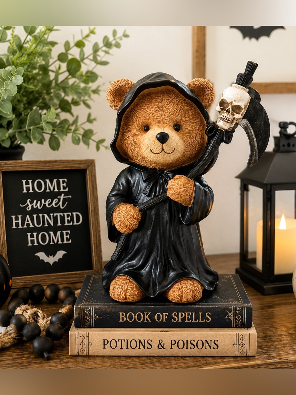 Halloween Grim Reaper Teddy Bear Scythe Skull Figurine Gothic Spooky Decor